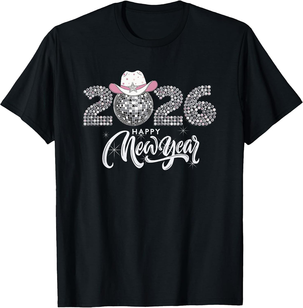 Happy New Year 2026 Disco Ball Cowgirl Hat Matching Family T-Shirt