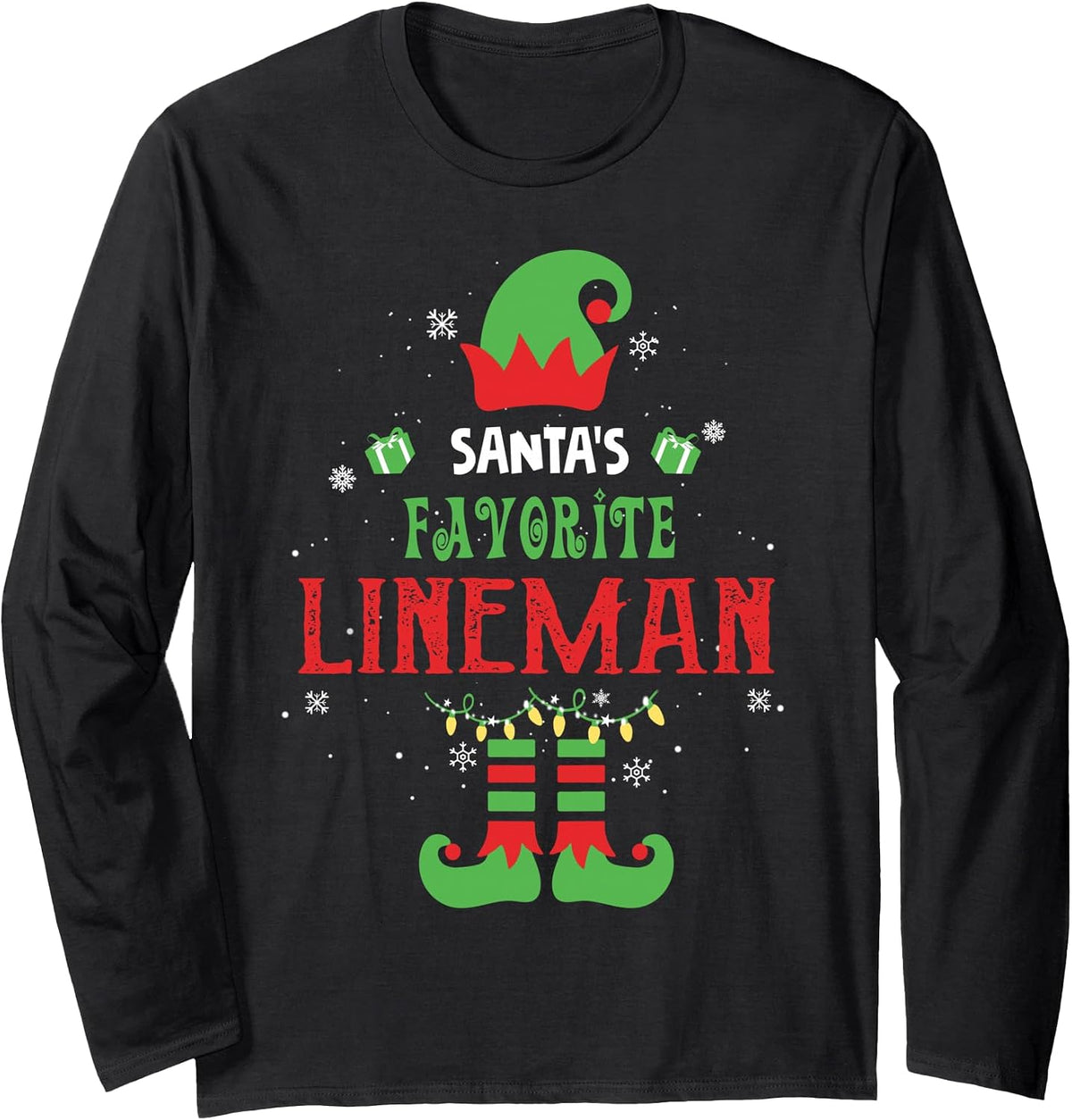 Santa's Favorite Lineman Funny Elf Family Xmas Long Sleeve T-Shirt