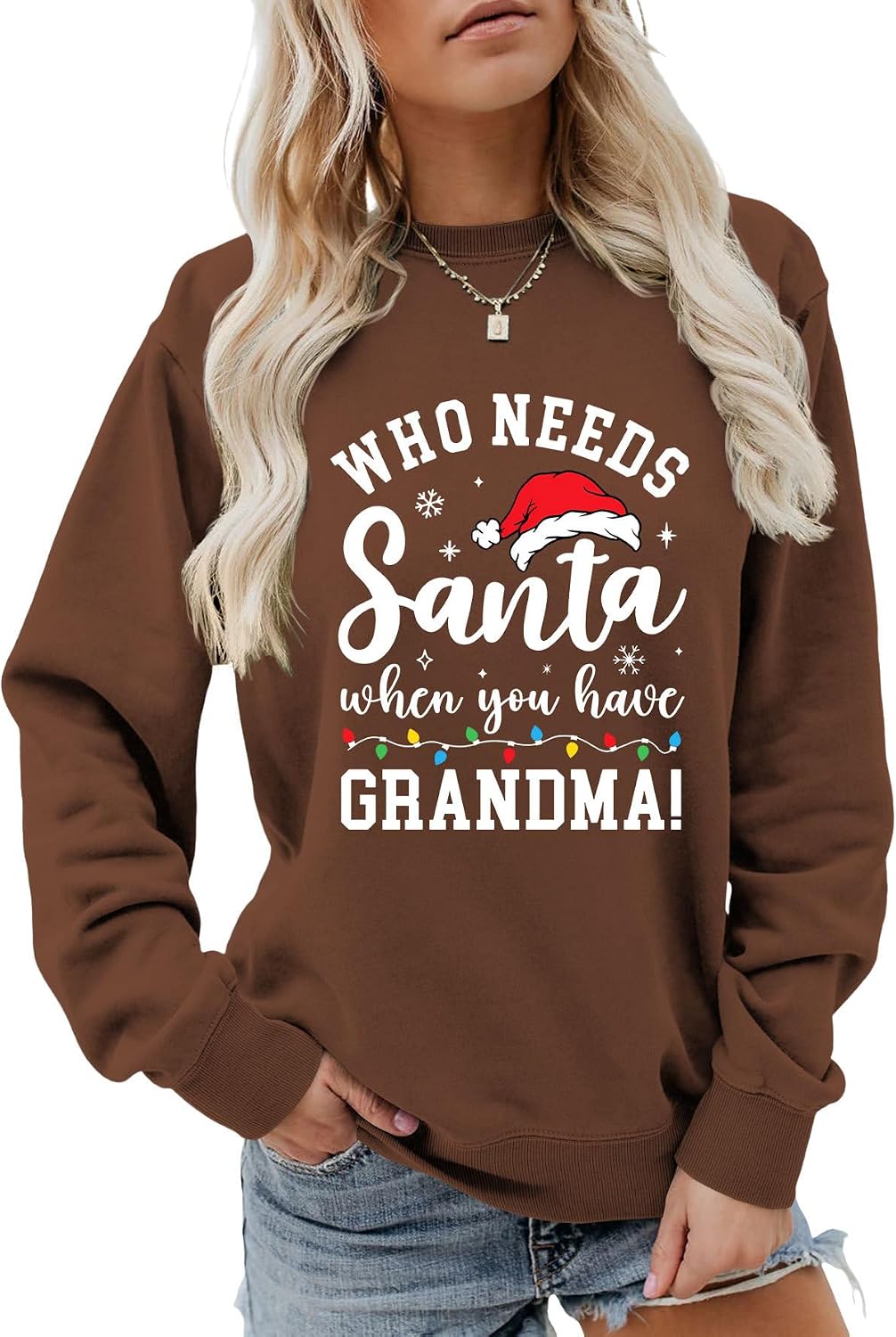 Grandma Sweatshirts for Women, Merry Christmas Graphic Long Sleeve Shirts Who Needs Santa Tops Crewneck Pullover