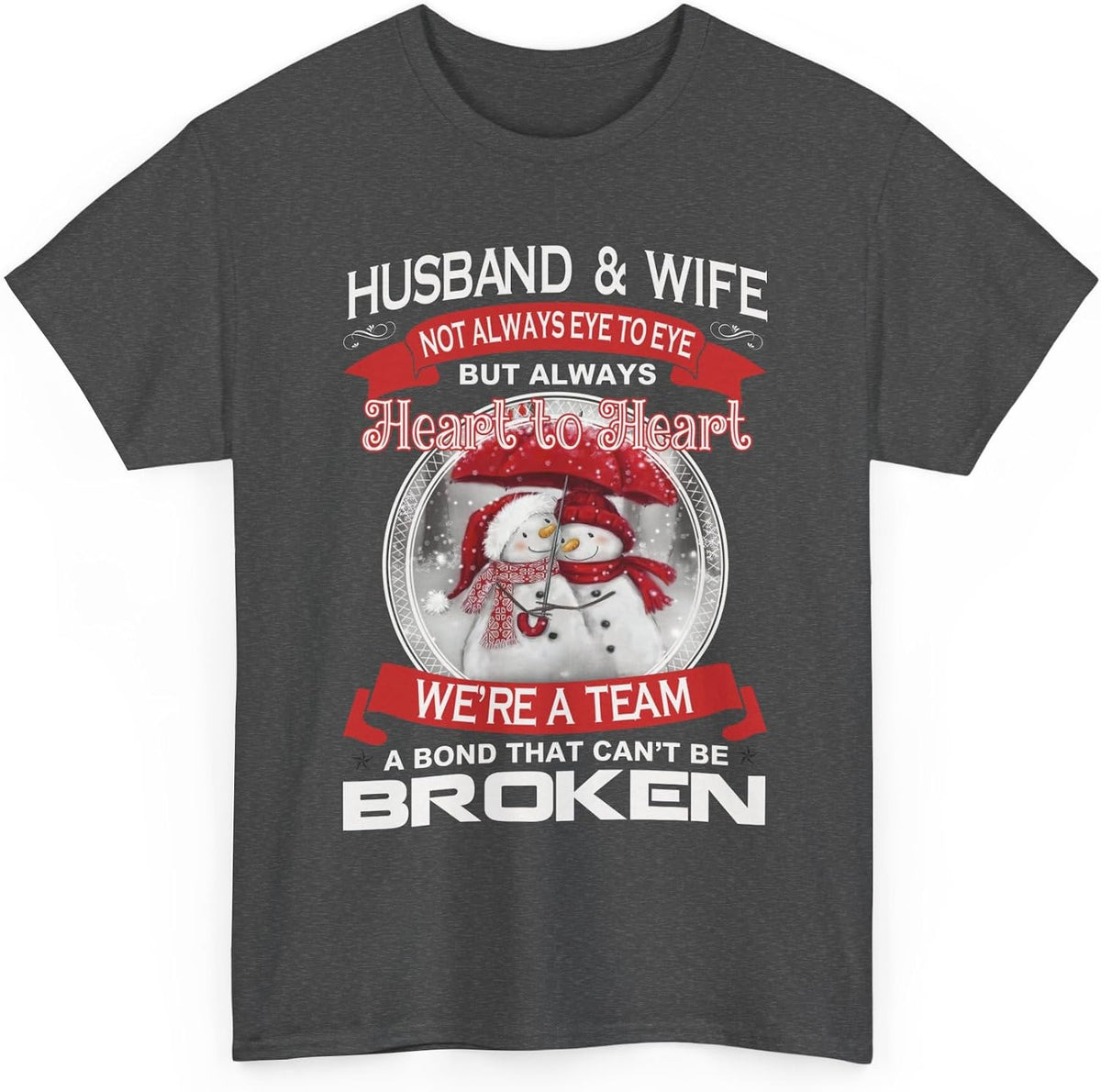 Husband and Wife Christmas Shirt Funny Couple Tee Heart to Heart Snowman Gift for Him and Her