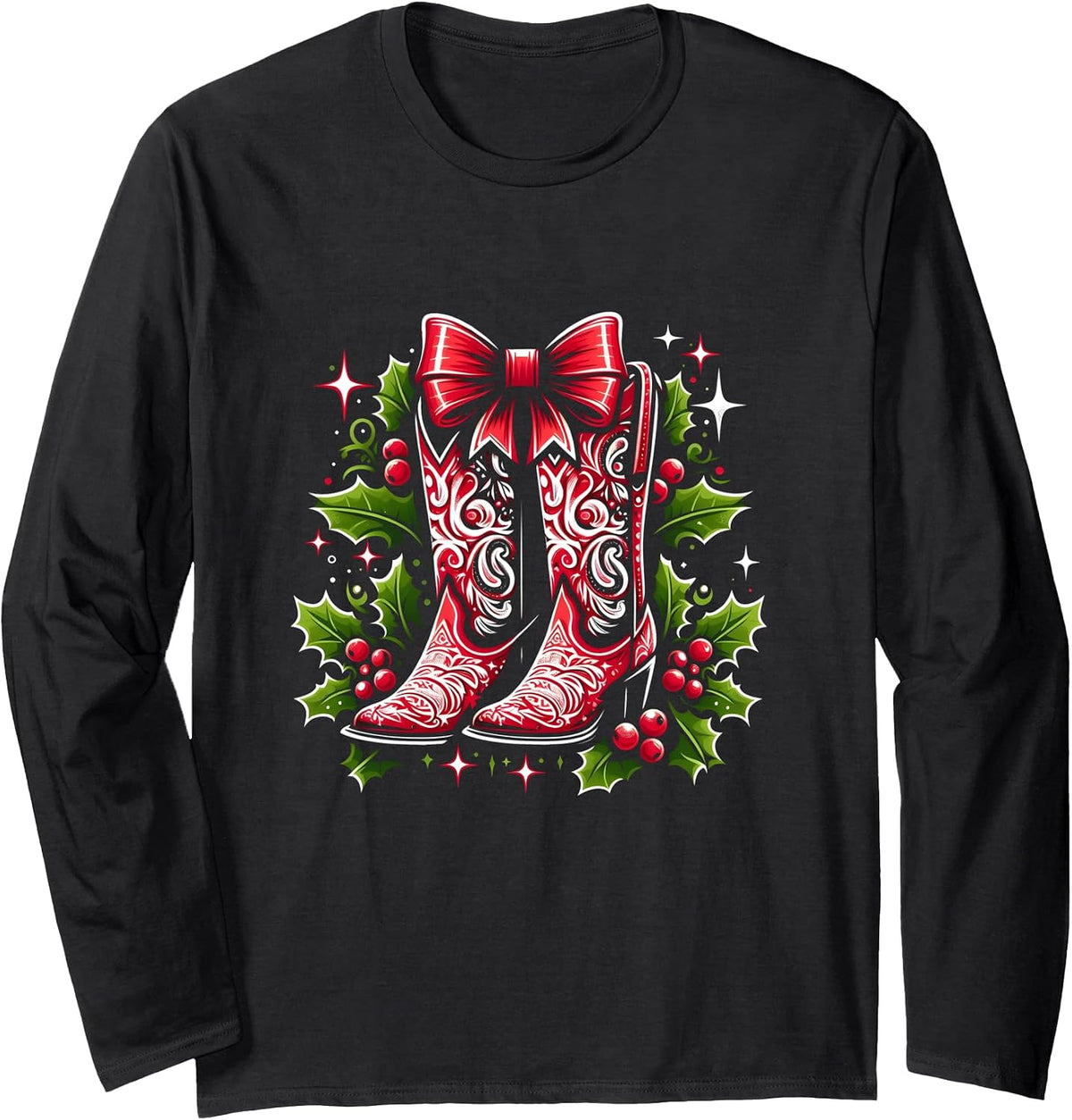 Merry Christmas Bright Cowgirl Boot Xmas Western Country Long Sleeve T-Shirt