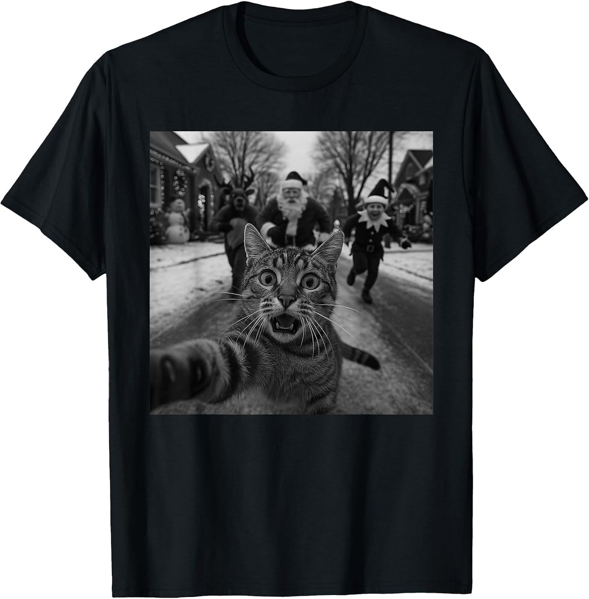 Funny Christmas Surprised Scared Cat Selfie Deer Santa Elf T-Shirt