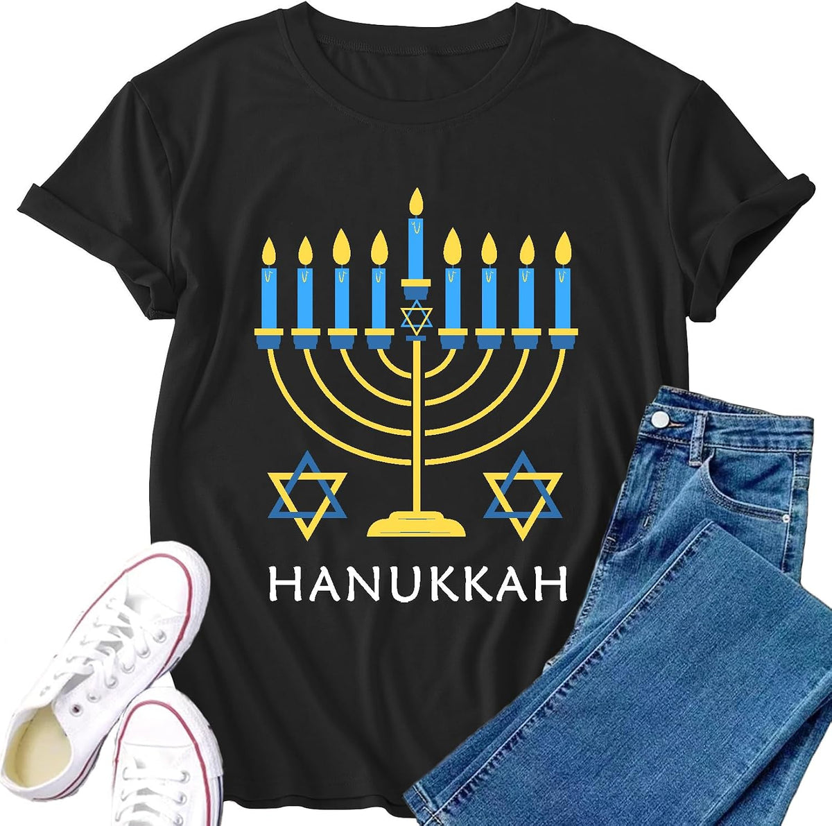 Hanukkah Shirt for Women Chanukah T-Shirts Hanukkah Menorah Tee Top