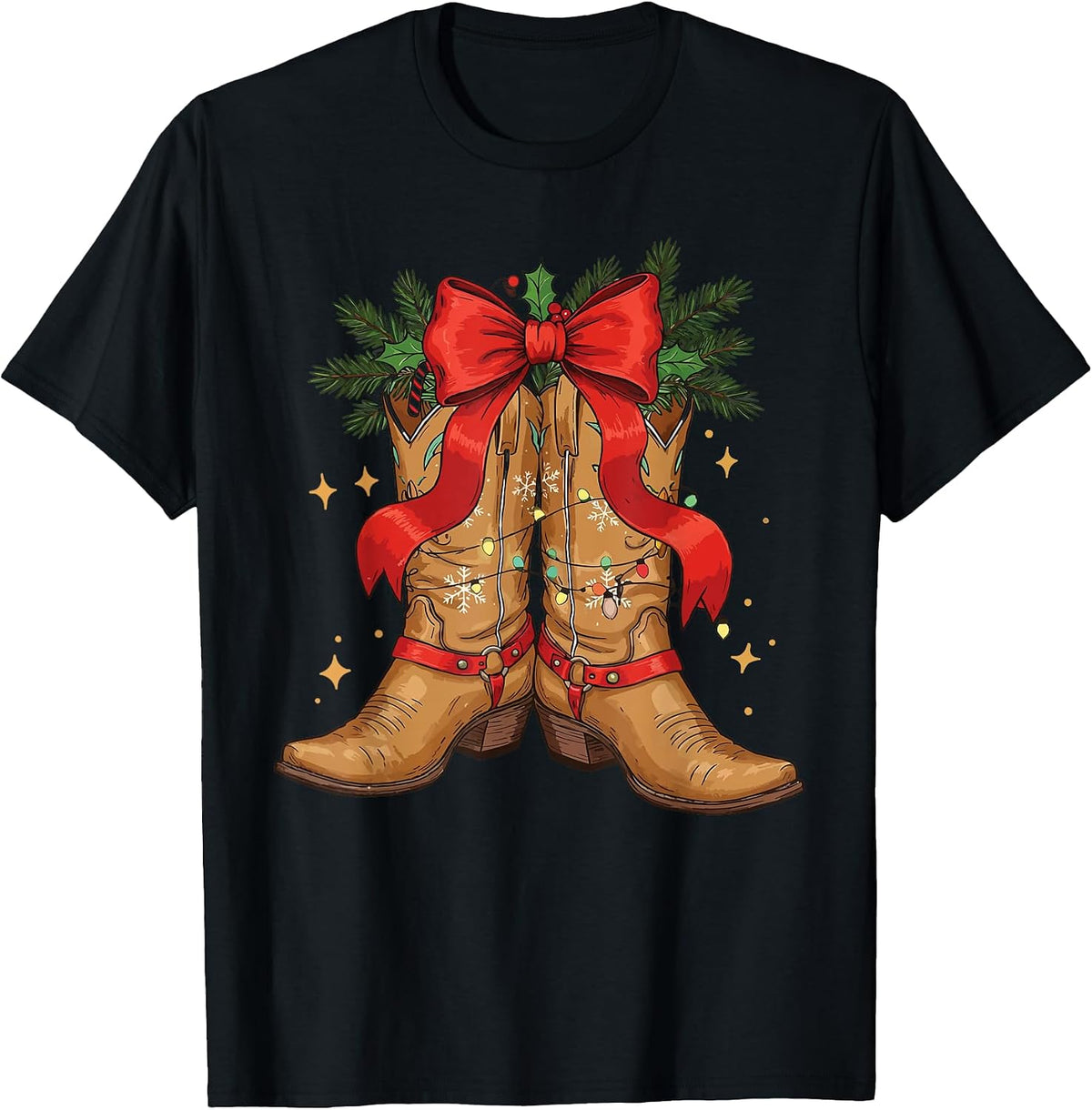 Cowgirl Boots Christmas Cowboy Western Coquette Bow Xmas T-Shirt