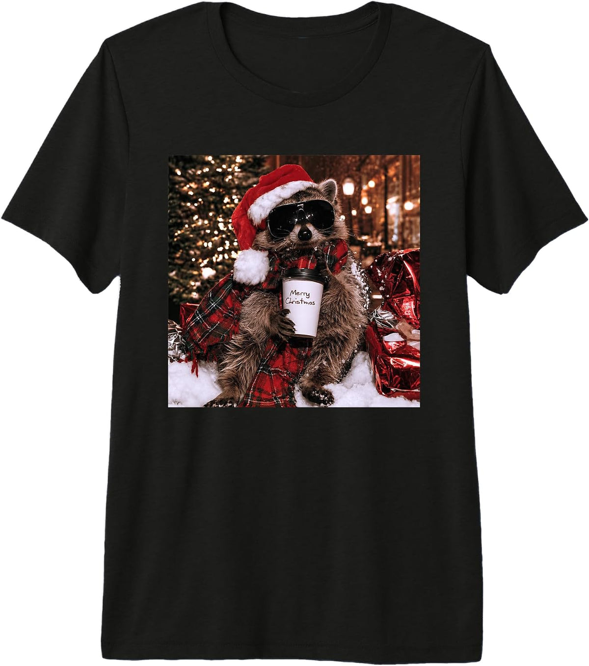 Christmas Feral Raccoon Drinking Coffee Vintage Xmas Holiday Premium Tri-Blend T-Shirt