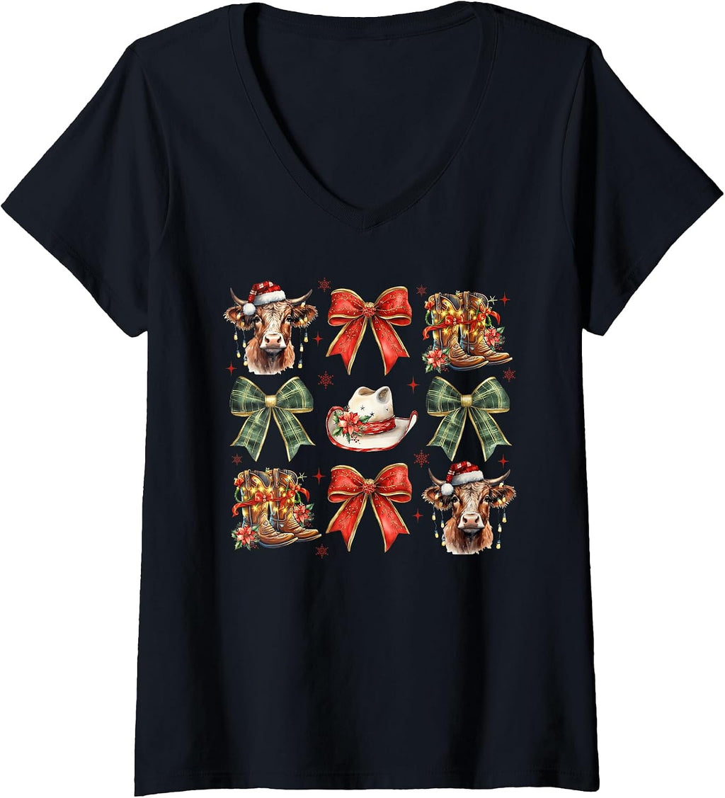 Women's Cowboy Hat Coquettes Bows Boots Cow Western Christmas V-Neck T-Shirt