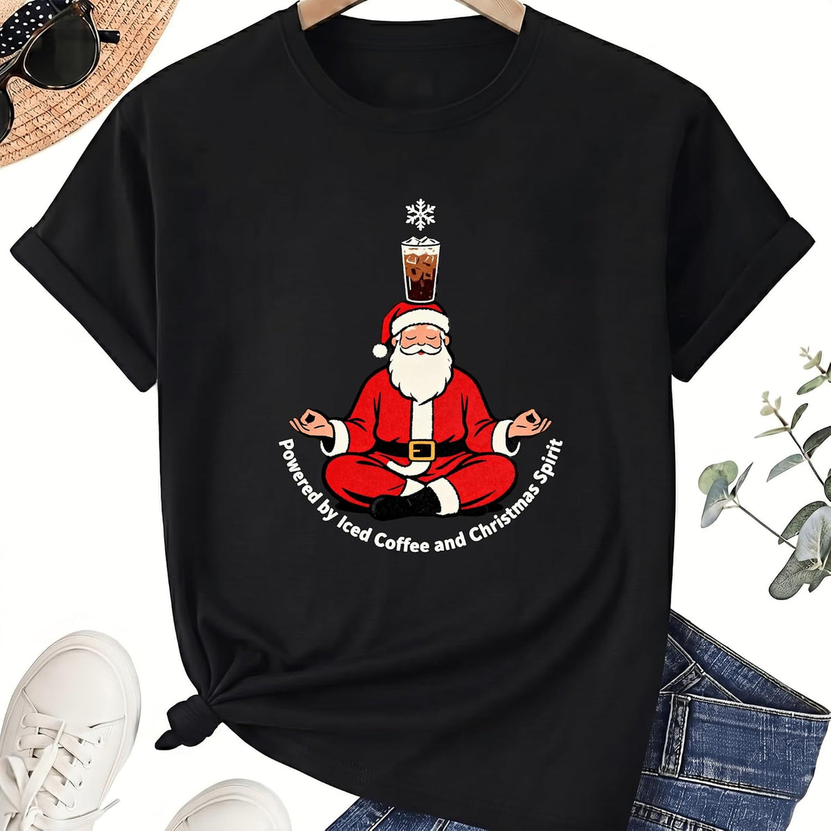 Powered By Iced Coffee and Christmas Spirit T-Shirt, Santa Coffee Lover Graphic Tee