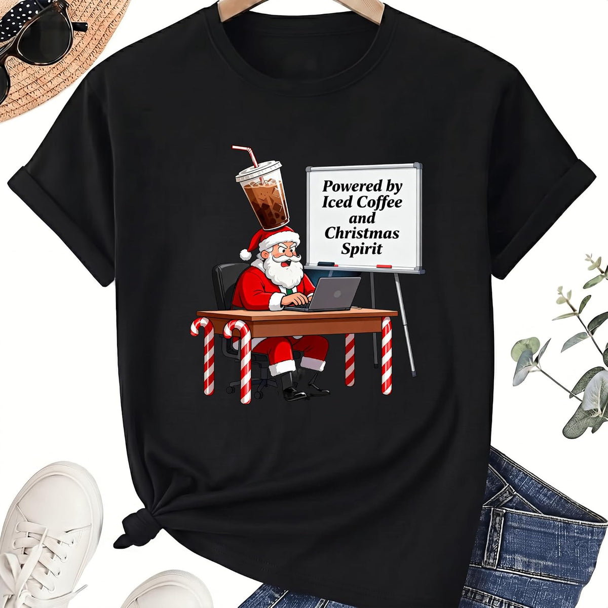 Powered By Iced Coffee and Christmas Spirit Tee, Chilled Holiday Coffee Graphic