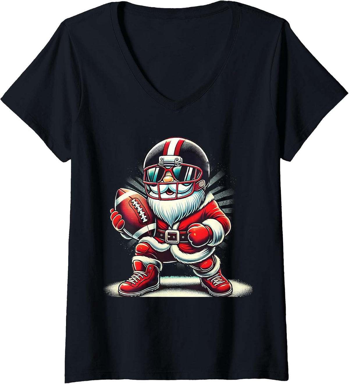 Womens Santa Playing Football Lineman Quarterback Christmas V-Neck T-Shirt