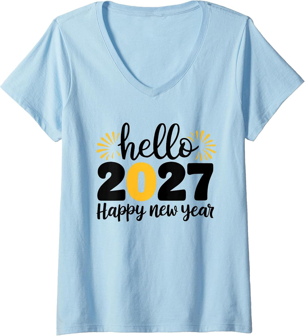 Women's Hello 2027 Happy New Year 2027 New Year's Eve Party V-Neck T-Shirt