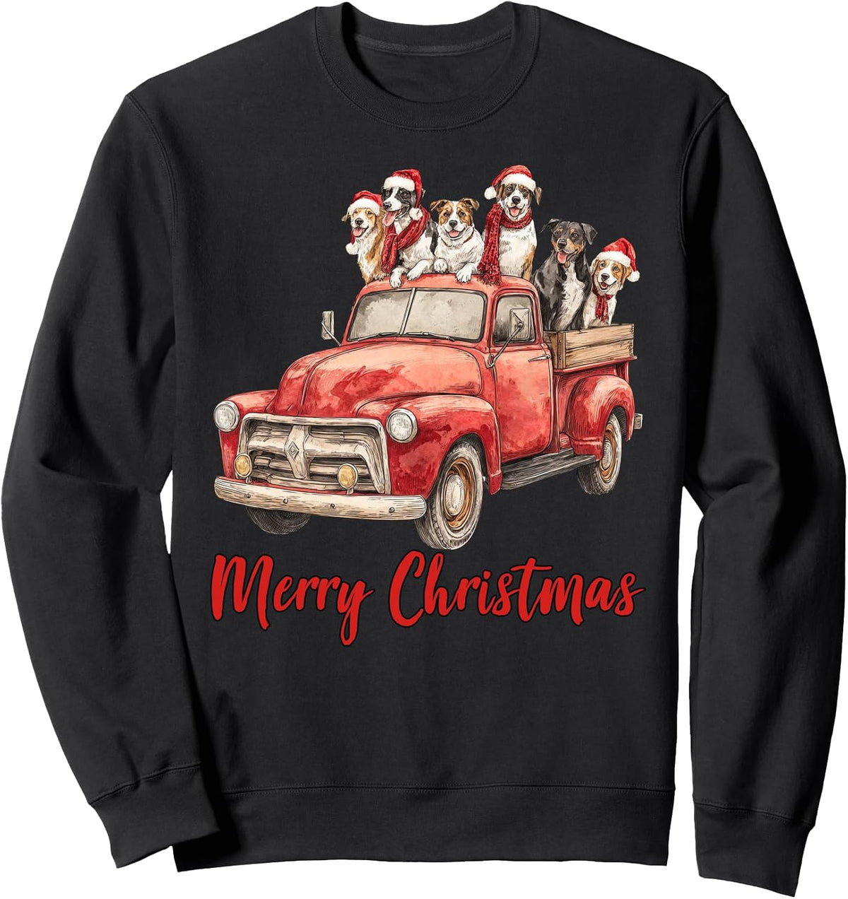 Merry Christmas Vintage Classic Truck With Dogs In Santa Hat Sweatshirt