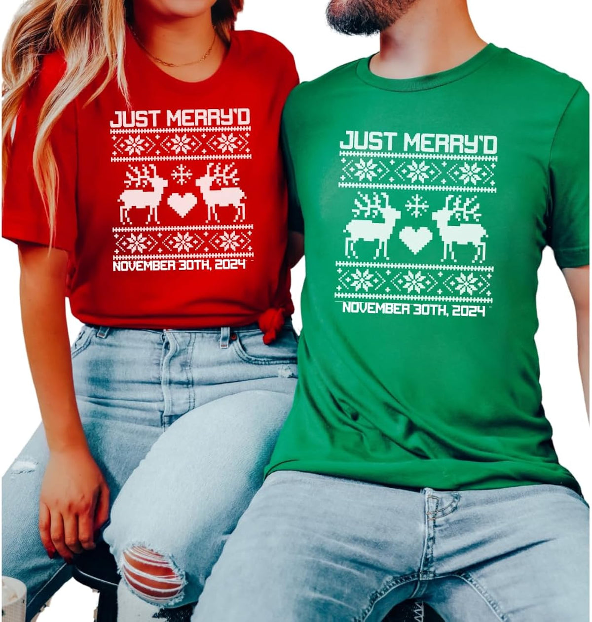 Just Merry’d Christmas Shirt – Newlywed Mr and Mrs Matching Holiday Pajama Top, First Christmas Married Couple Shirt Multicolor