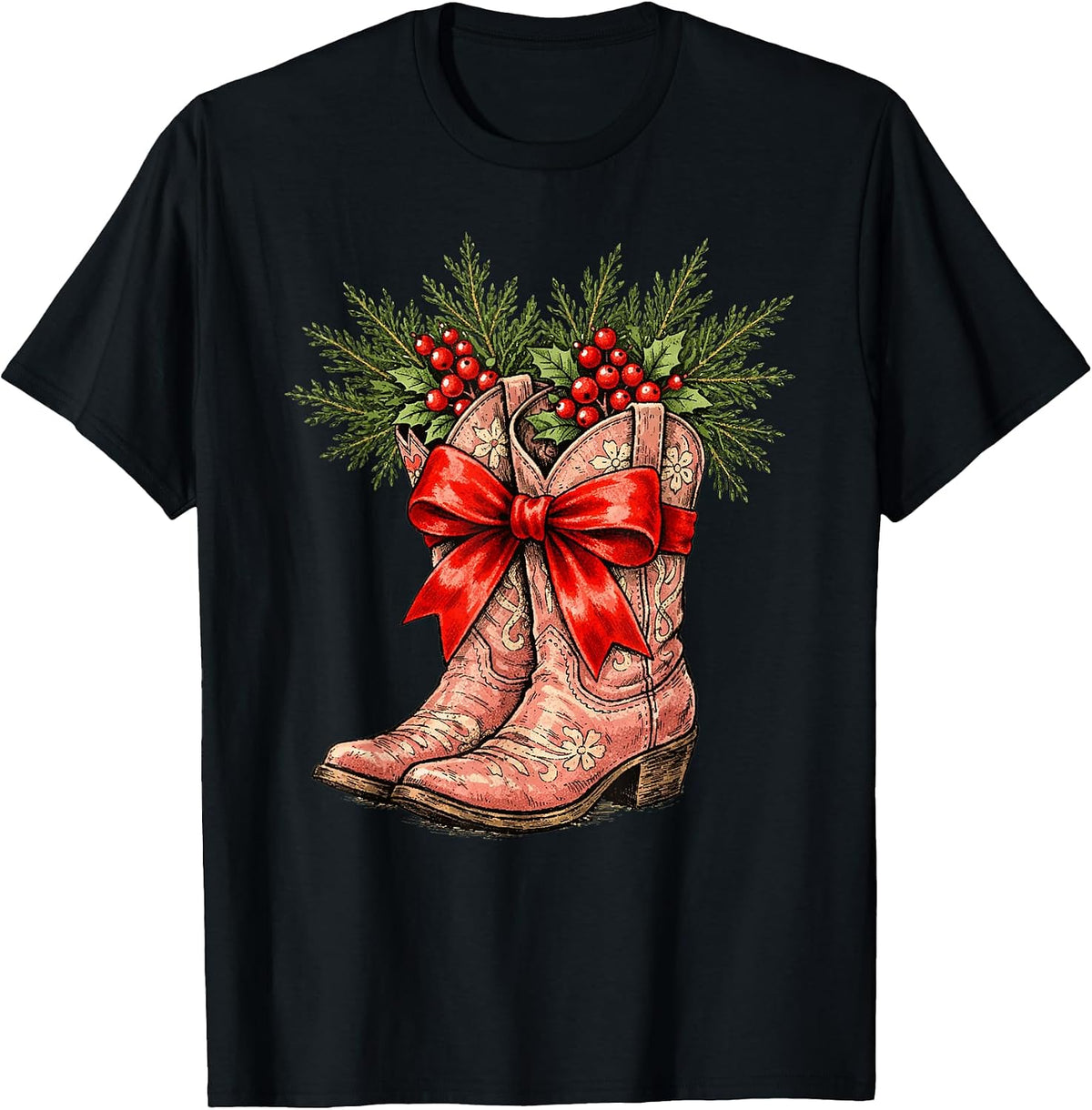 Coquette Cowgirl Boots Christmas Vintage Western Holiday T-Shirt