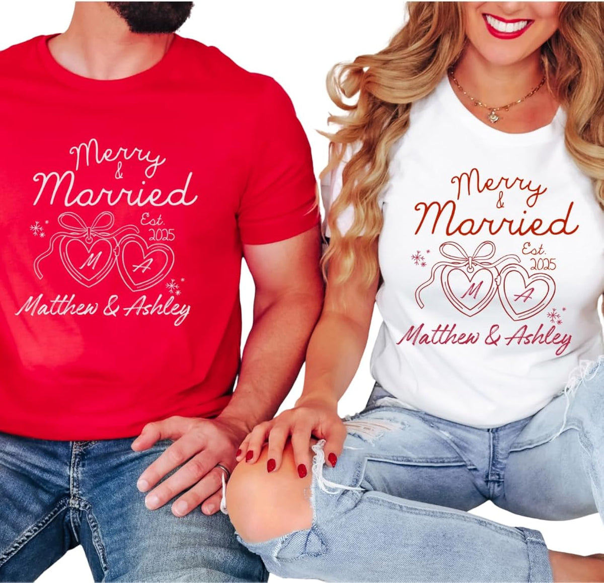 Personalized Merry and Married Christmas Shirts with Couple Name, First Christmas Married Outfit for Newlyweds, Custom Wedding Gift, Matching Holiday Tops for Husband and Wife, Keepsake Multicolor