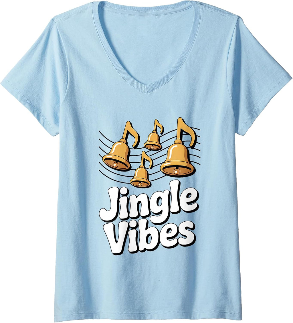 Womens Jingle Vibes Holiday Bells Music Xmas Carol Funny Christmas V-Neck T-Shirt