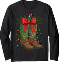 Christmas Cowgirl Boots Cowboy Western Coquette Bow Xmas Long Sleeve T-Shirt
