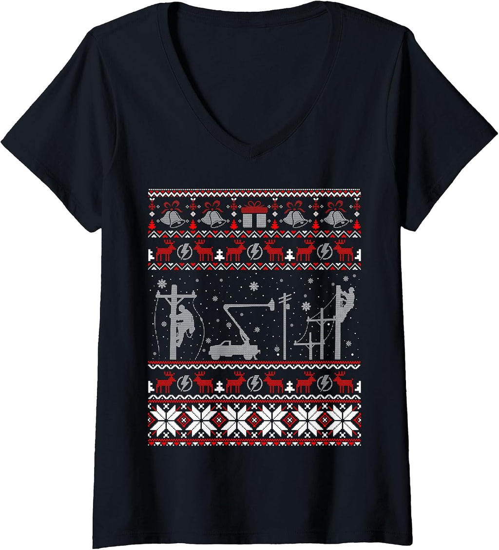 Womens Lineman Ugly Christmas Sweater Gifts for Women Men V-Neck T-Shirt