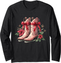 Christmas Western Cowboy Cowgirl Coquette Bow Pink Boots Long Sleeve T-Shirt