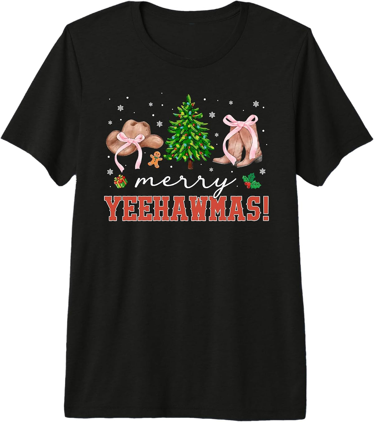 Merry YeehawMas Christmas Cowgirl Western Coquette Pink Bow Premium Tri-Blend T-Shirt