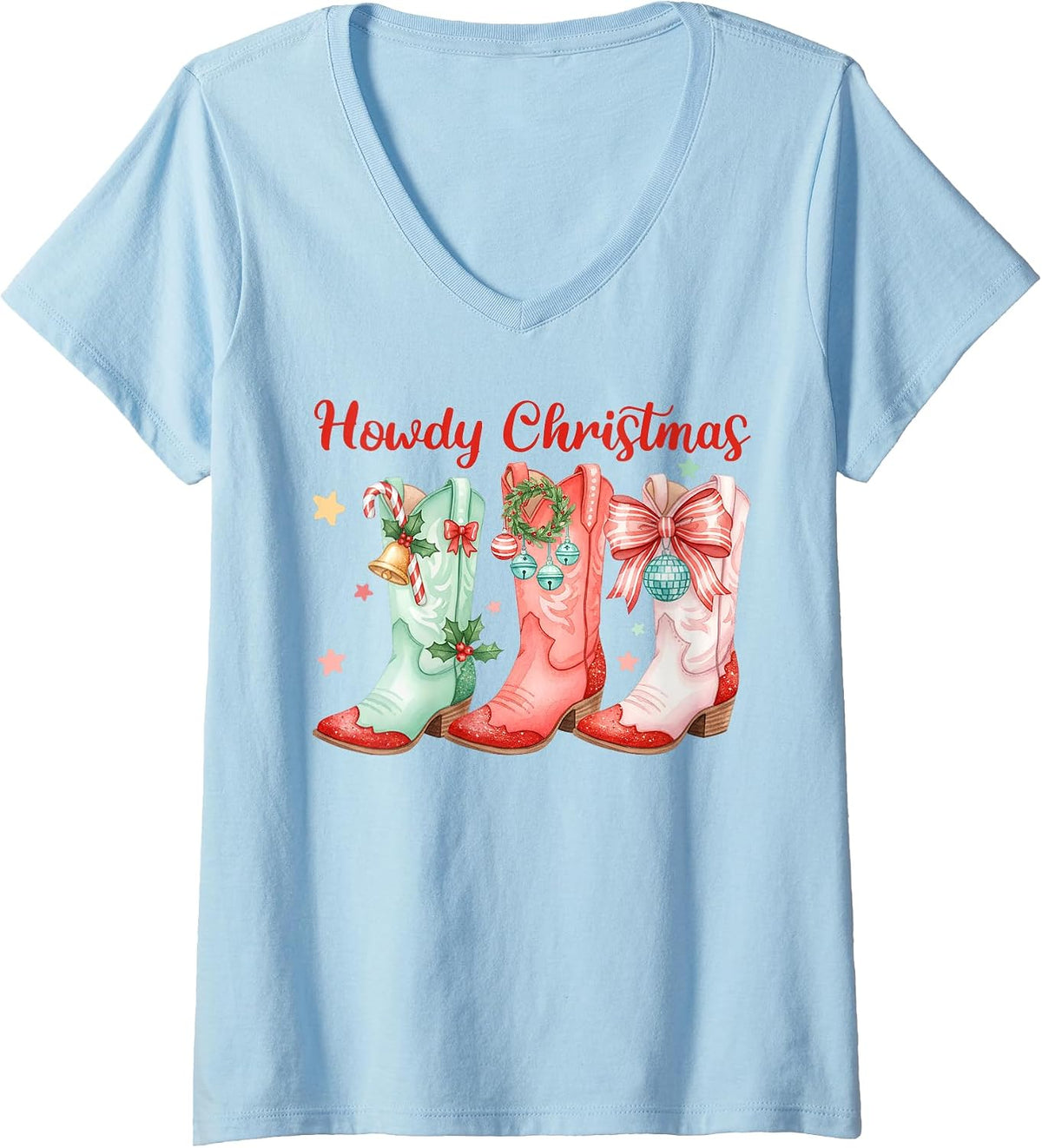 Womens Retro Howdy Christmas Western Cowboy Boots Cowgirl Holiday V-Neck T-Shirt
