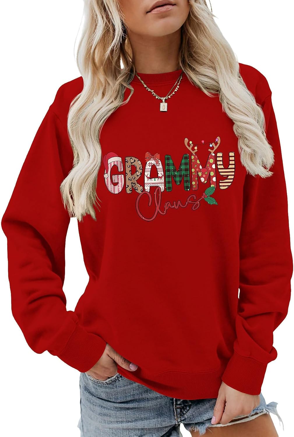 Grammy Claus Sweatshirt for Women Grandma Santa Cozy Holiday Festive Graphic Pullover for Christmas Winter Top