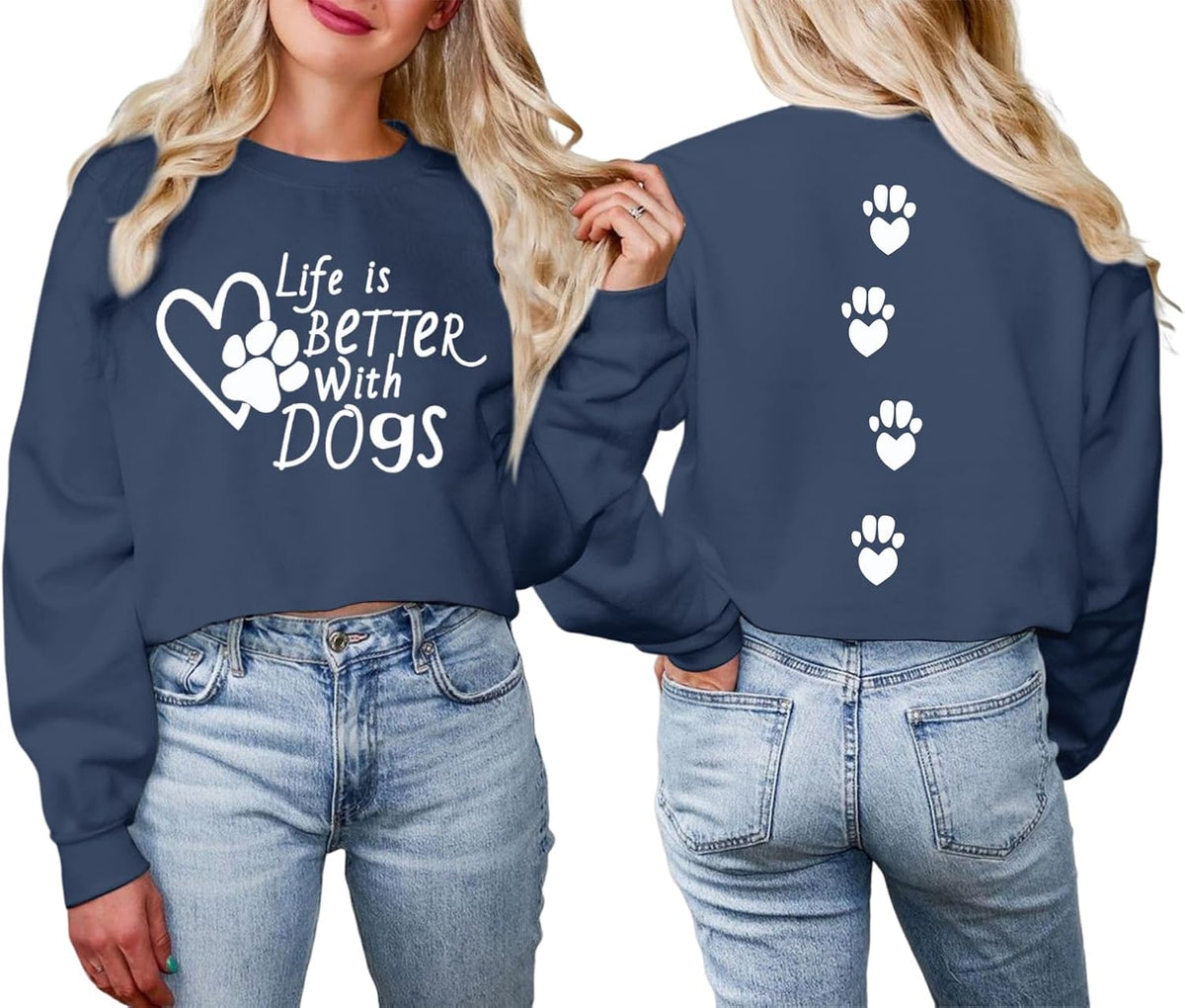Dog Mom Sweatshirt Dog Lover Sweatshirts Love Heart Paw Graphic Long Sleeve Shirts Cute Pullover Gifts for Women