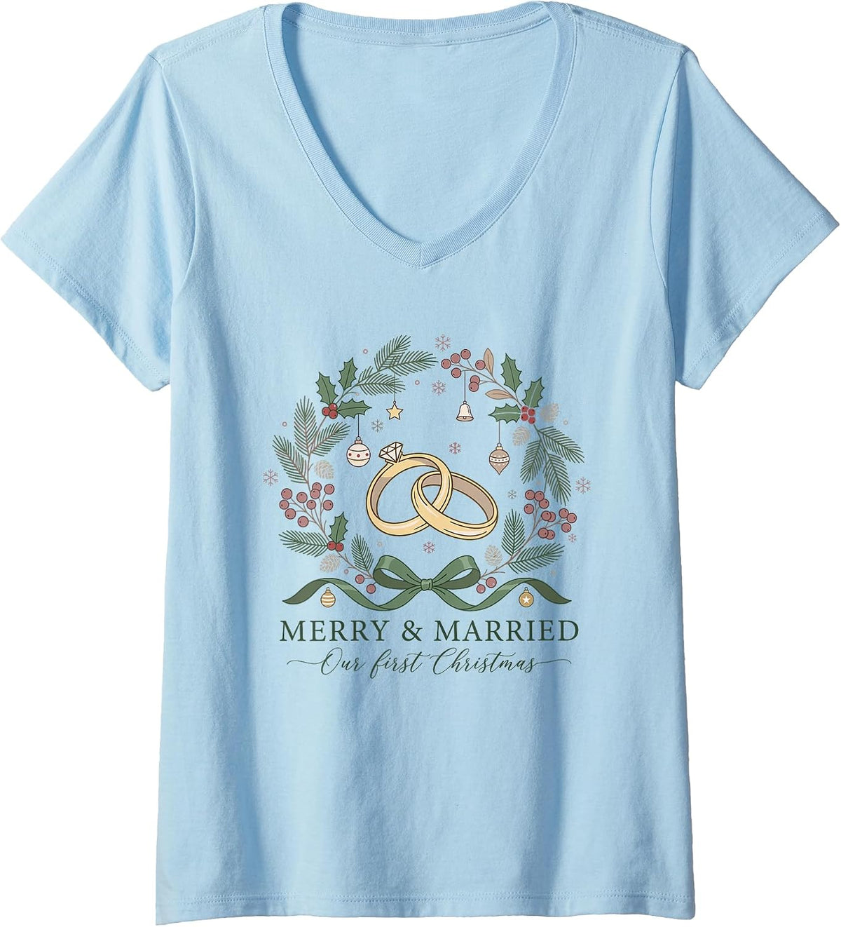 Women's Merry and Married Our First Christmas Holiday Newlyweds Xmas V-Neck T-Shirt