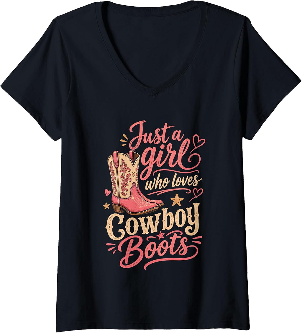Women's Just a Girl Who Loves Cowboy Boots Cowgirl Western Christmas V-Neck T-Shirt