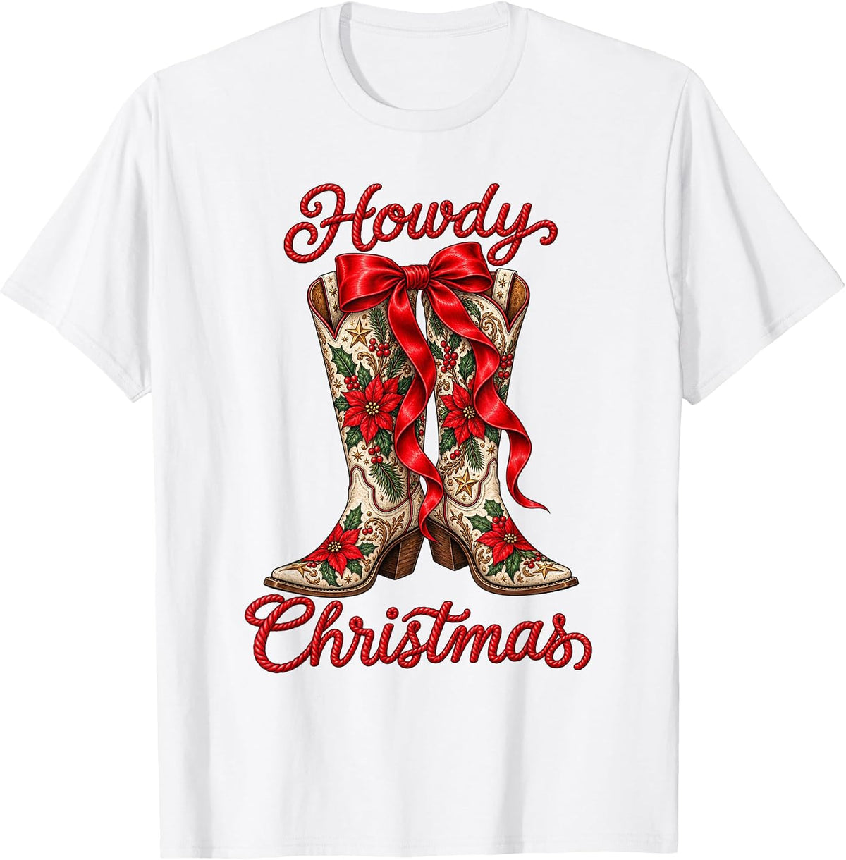 Cowgirl Howdy Christmas Cowboy Boots Poinsettia Country Rope T-Shirt