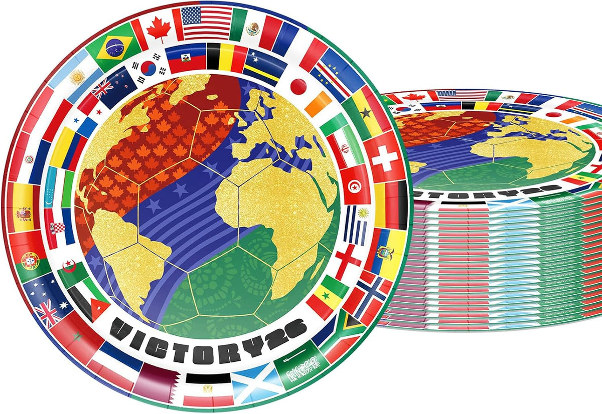 20Pcs 2026 World Soccer Match Theme Paper Plate Set 9 Inch Disposable Party Plates International Flags Themed Football Soccer Paperplates, for Watch Party,Tournament,Kids Birthday