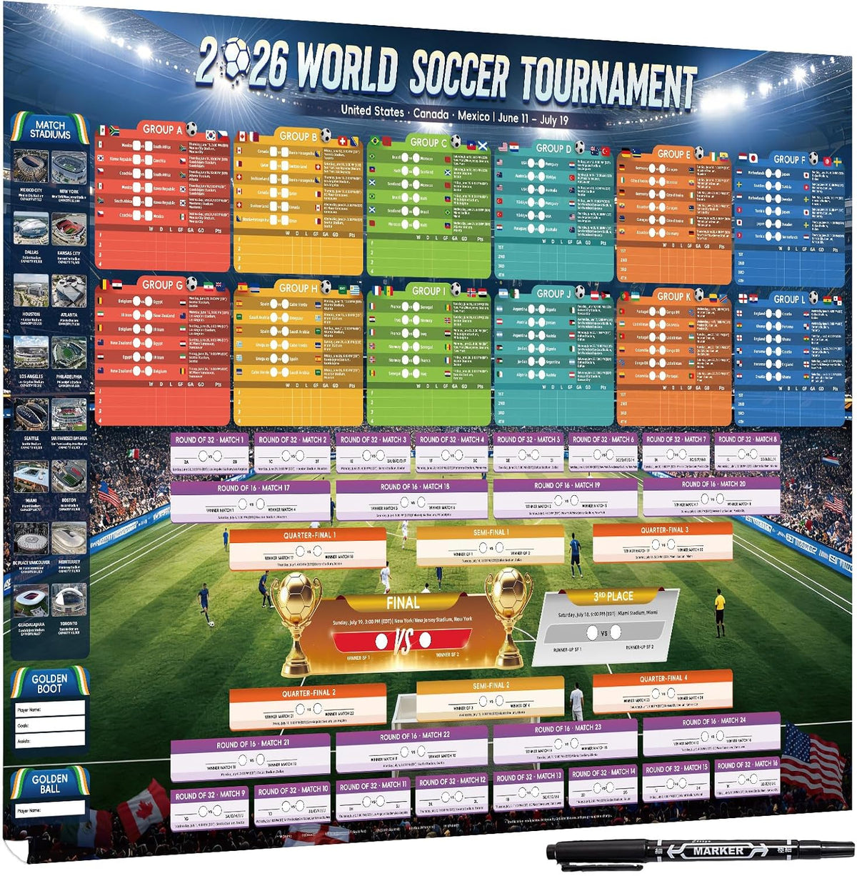 AhfuLife Extra Large World Cup Tournament Schedule Poster, 39.4" x 27.6", 1 Pc Soccer Calendar Wall Chart Decorations, 2026 Soccer Tournament Wallchart for Fans Home Office Bar Party Decor