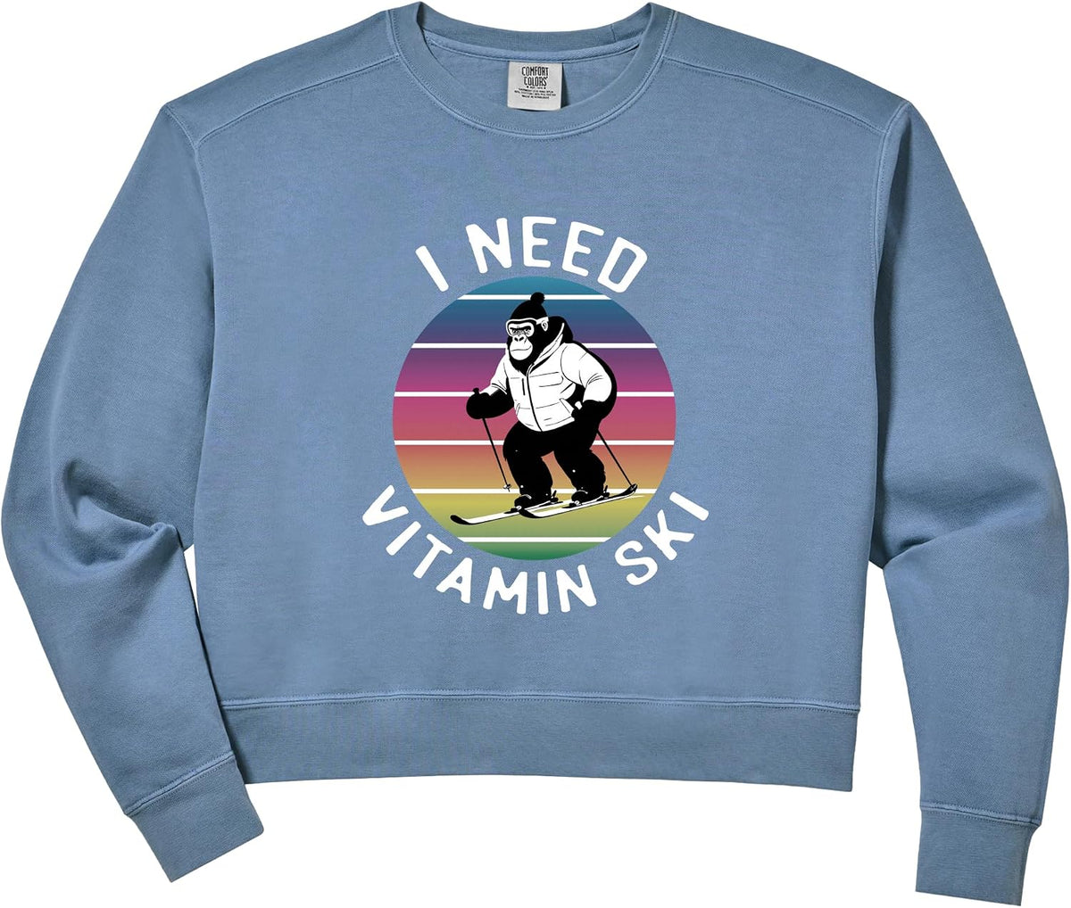 Women's Funny Gorilla Downhill Alpine Skiing Skier Need Vitamin Ski Comfort Colors Crop Sweatshirt
