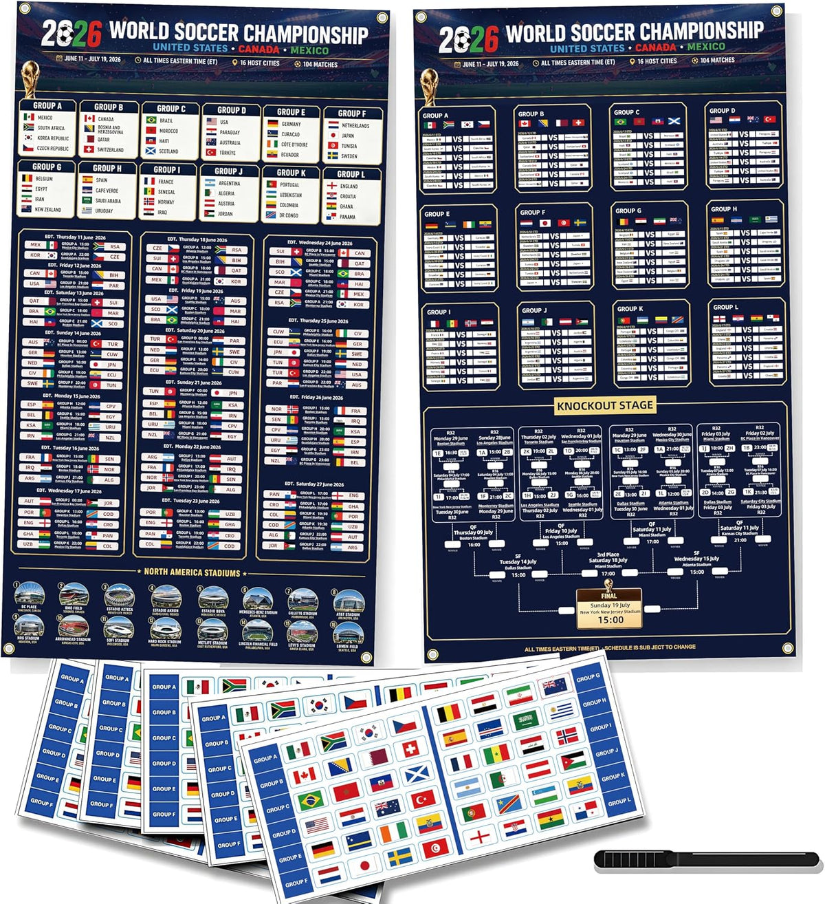 2026 World Soccer Cup Schedule & Match Fabric Wall Chart Set – 2 Large Cloth Posters with Marker & National Flag Stickers for wonderful Soccer Fans Gift Soccer Game Night Decorations (75x130cm)