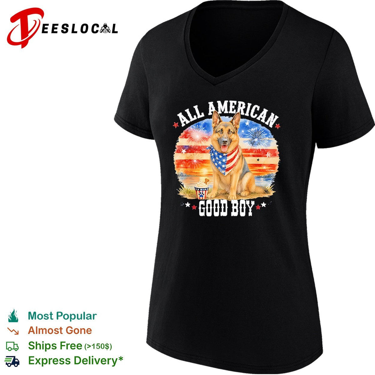 All American Good Boy German Shepherd Fireworks Stars and Stripes Patriotic shirt Unisex