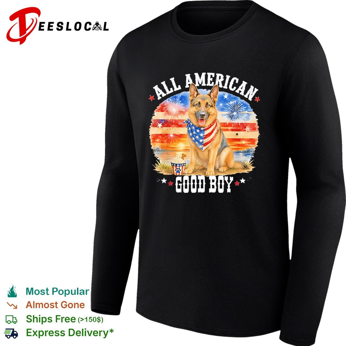 All American Good Boy German Shepherd Fireworks Stars and Stripes Patriotic shirt Unisex