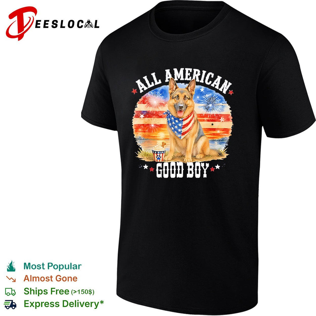 All American Good Boy German Shepherd Fireworks Stars and Stripes Patriotic shirt Unisex
