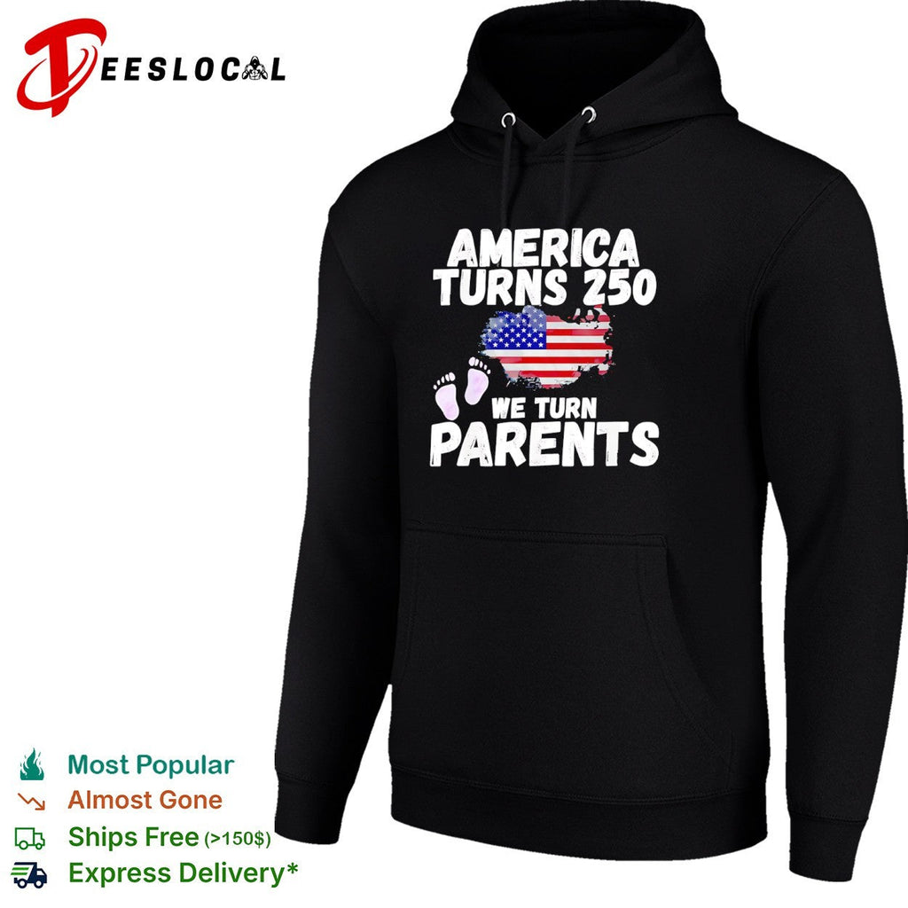 America turns 250 we turn parents USA flag baby footprint announcement shirt Unisex