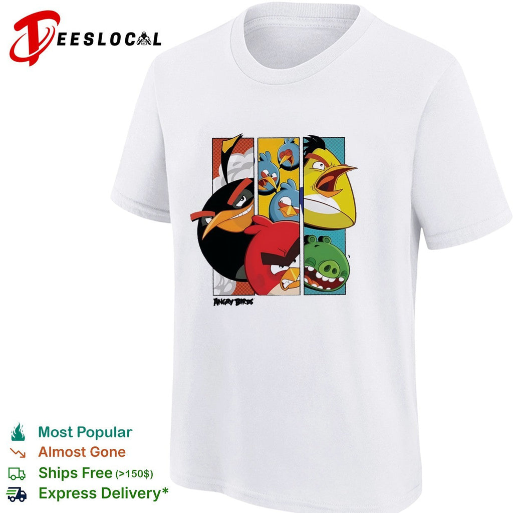 Angry Birds comic panel collage multiple birds and pig illustration graphic shirt Unisex