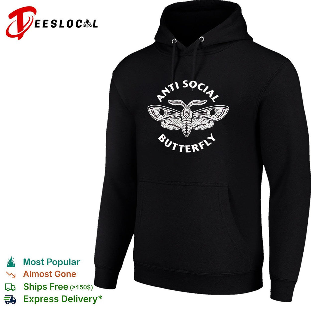 Anti social butterfly moth illustration badge shirt Unisex