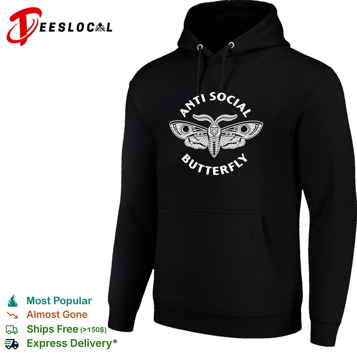 Anti social butterfly moth illustration badge shirt Unisex