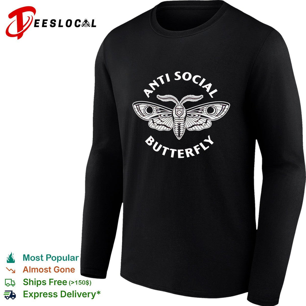 Anti social butterfly moth illustration badge shirt Unisex