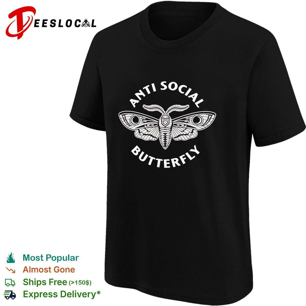 Anti social butterfly moth illustration badge shirt Unisex