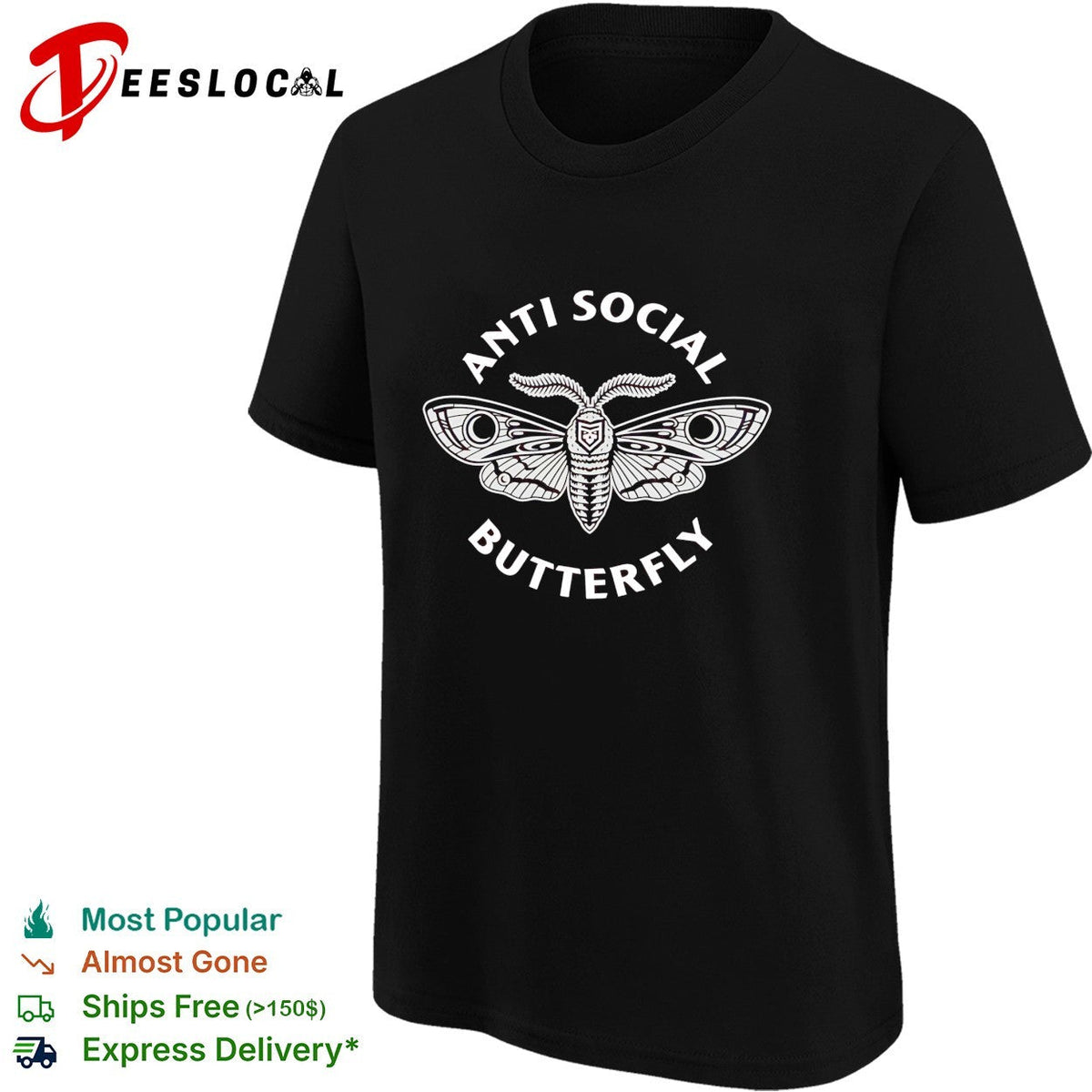Anti social butterfly moth illustration badge shirt Unisex