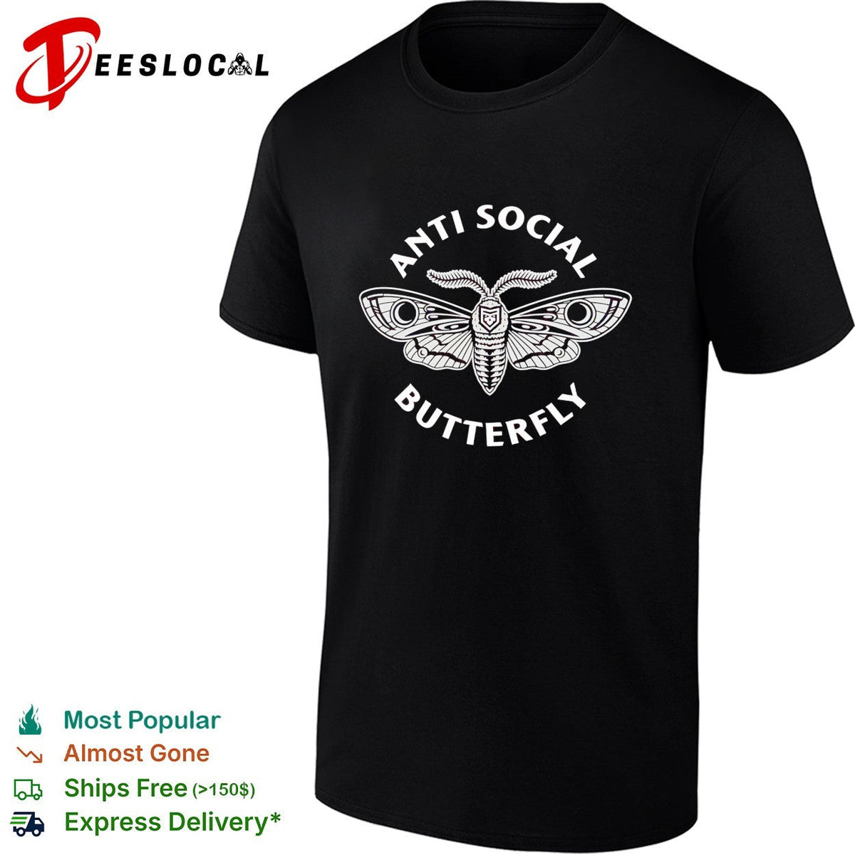 Anti social butterfly moth illustration badge shirt Unisex