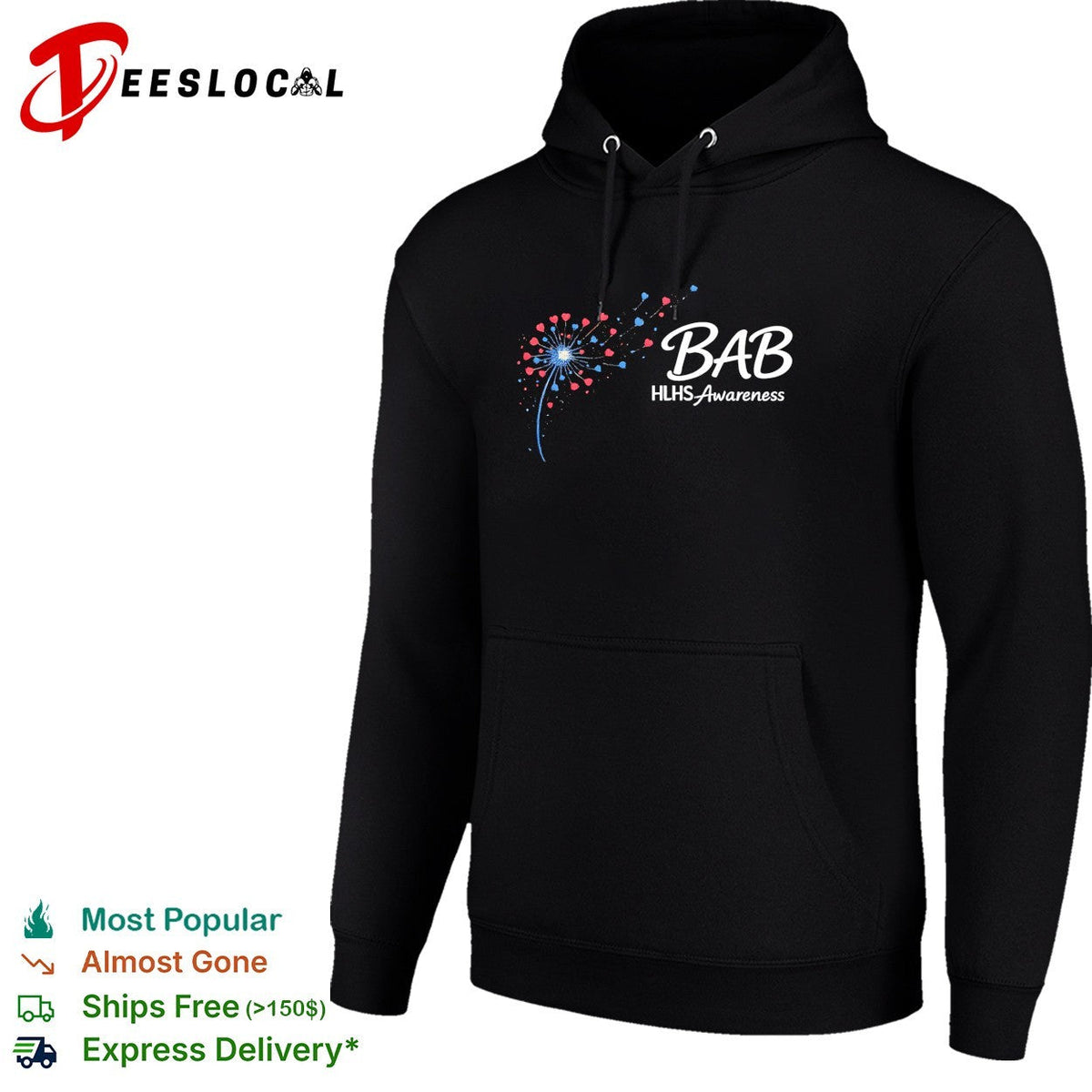 Bab HLHS Awareness dandelion heart illustration custom design on a black shirt Unisex