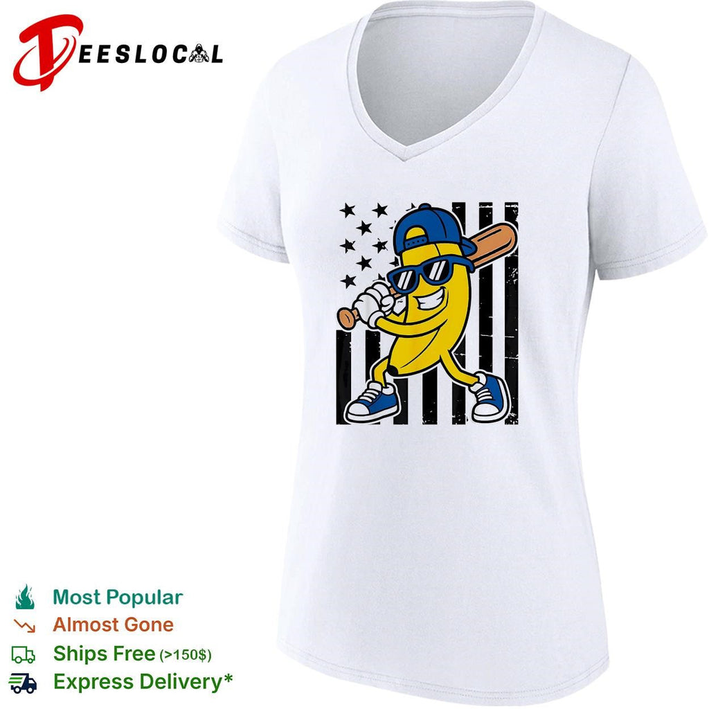 Banana baseball player sunglasses cartoon graphic shirt Unisex