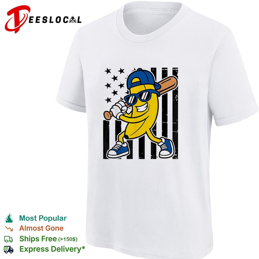 Banana baseball player sunglasses cartoon graphic shirt Unisex
