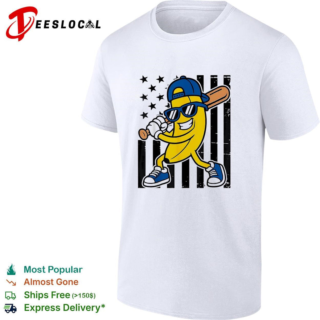 Banana baseball player sunglasses cartoon graphic shirt Unisex