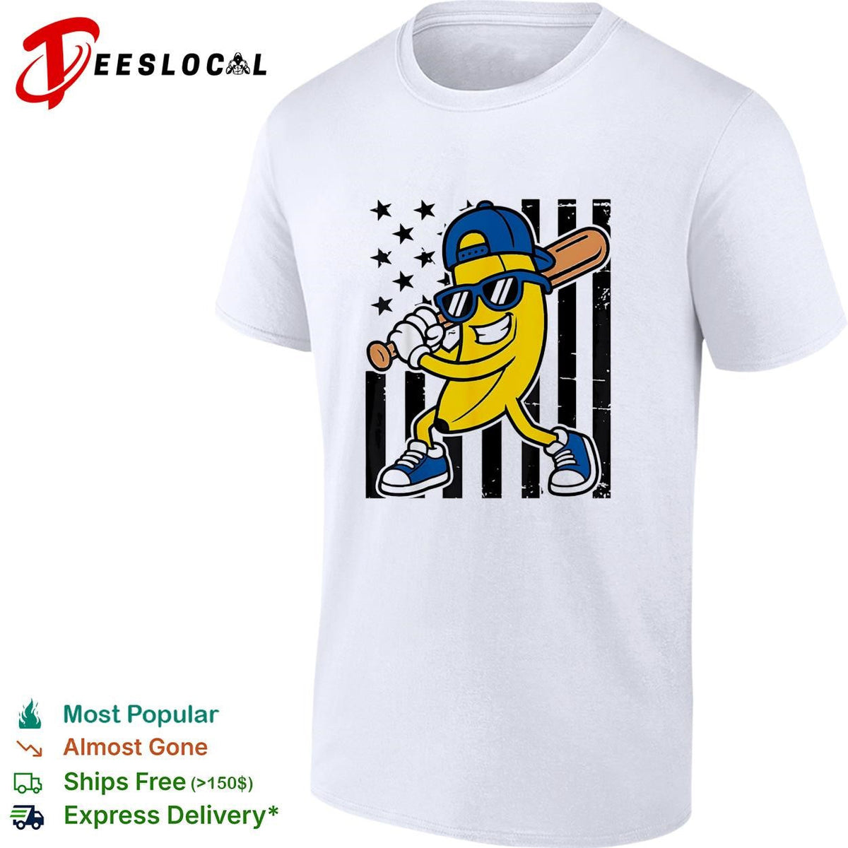 Banana baseball player sunglasses cartoon graphic shirt Unisex