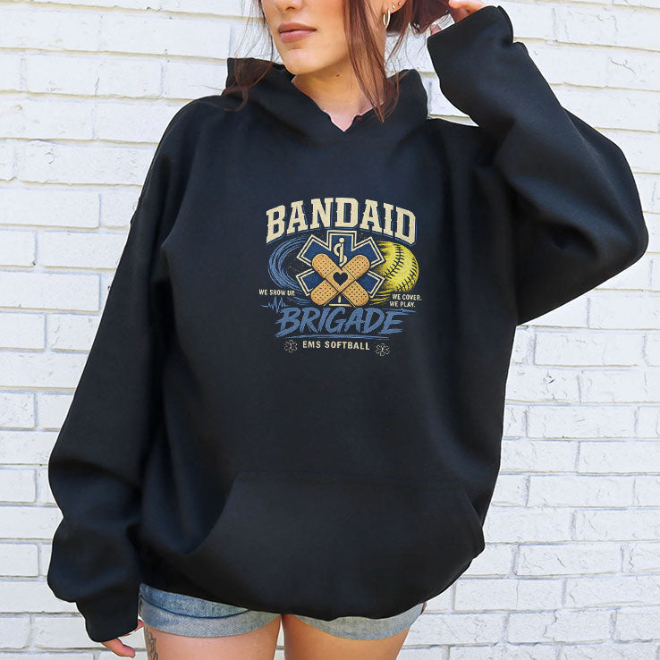 Bandaid Brigade EMS Softball We Show Up We Cover We Play Shirt Unisex